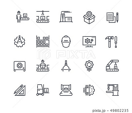 Production line icons. Industry machine production, factory conveyor line, automatic robot 49802235