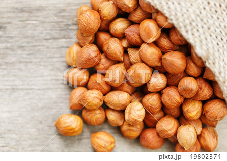 Chiselled hazelnuts in a bag of burlap on a gray Chiselled hazelnuts in a bag of burlap on a gray 49802374