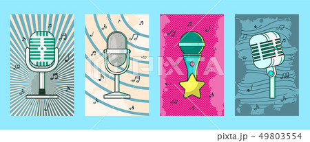 Microphone set of cards, posters vector illustration. Retro music, concert music, live concert 49803554