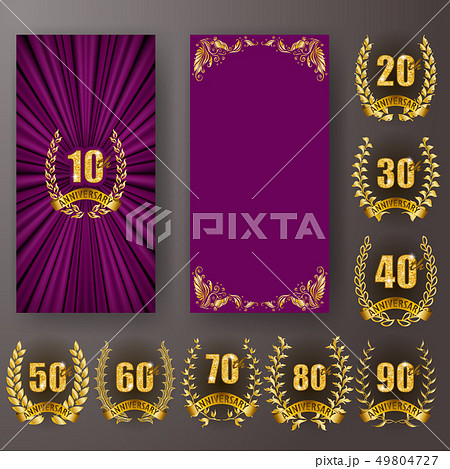 Set of anniversary card, invitation with laurel wreath, numbers. Decorative gold emblem of jubilee Set of anniversary card, invitation with laurel wreath, numbers. Decorative gold emblem of jubilee 49804727