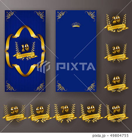 Set of anniversary card, invitation with laurel wreath, numbers. Decorative gold emblem of jubilee Set of anniversary card, invitation with laurel wreath, numbers. Decorative gold emblem of jubilee 49804755