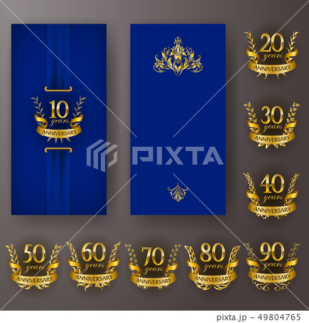 Set of anniversary card, invitation with laurel wreath, numbers. Decorative gold emblem of jubilee 49804765