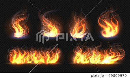 Fire flame effect. Realistic burning line on black background, transparent hot orange light effects 49809970
