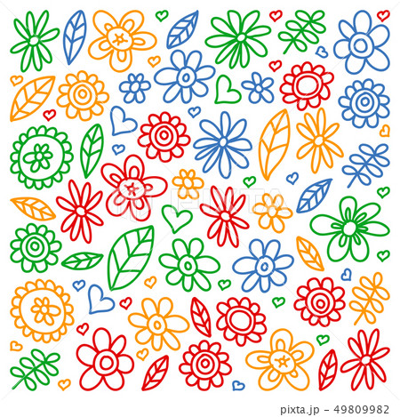 Vector set of child drawing flowers icons in doodle style. Painted, colorful, pictures on a piece of 49809982