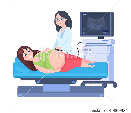 Pregnancy ultrasound scan. Woman at gynecology abdomen examination, cartoon doctor examine pregnant Pregnancy ultrasound scan. Woman at gynecology abdomen examination, cartoon doctor examine pregnant 49809984