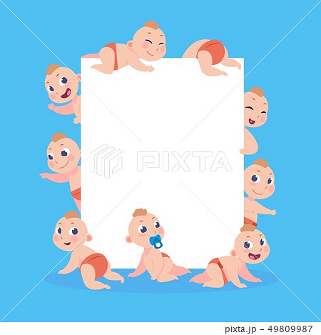 Cartoon babies banner. Newborn children with empty text frame, happy toddlers boys and girls playing Cartoon babies banner. Newborn children with empty text frame, happy toddlers boys and girls playing 49809987