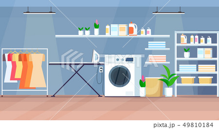 modern laundry room interior with washing machine wooden shelves hanger ironing board horizontal modern laundry room interior with washing machine wooden shelves hanger ironing board horizontal 49810184