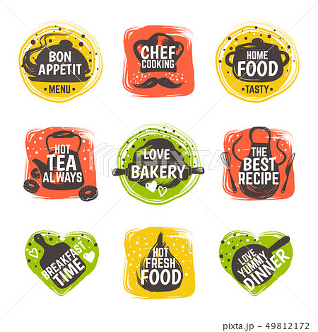 Food doodle logo. Restaurant kitchen badge, cafe cooking menu typography, bistro gastronomy recipe 49812172