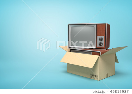 3d rendering of retro TV set in carton box on blue background. 3d rendering of retro TV set in carton box on blue background. 49812987