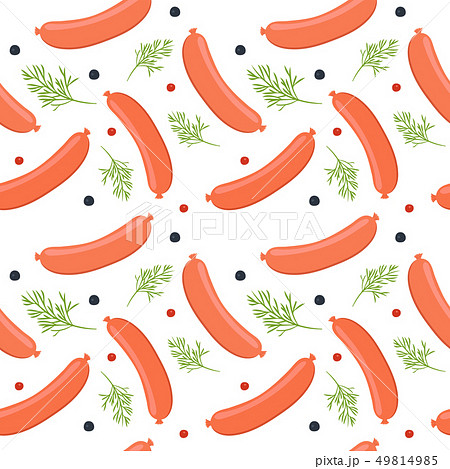 Seamless pattern on white background with sausages. Sausages with dill and peppercorns. Vector 49814985