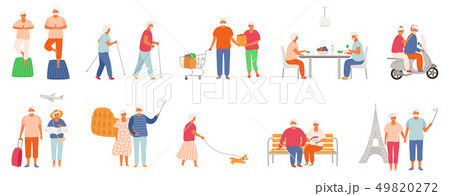 Set of active lifestyle seniors. Elderly people characters. Old people eat healthy food, do yoga 49820272