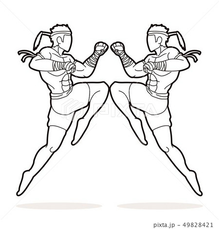 Muay Thai action , Thai boxing jumping to attack Muay Thai action , Thai boxing jumping to attack 49828421