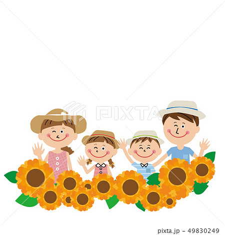 ポップな家族　夏服ではーい！　ひまわり畑 49830249