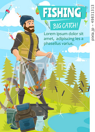 Fisherman, fishing net, fish catch, bait and hook Fisherman, fishing net, fish catch, bait and hook 49831313
