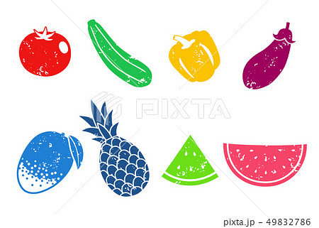 夏の野菜と果物アイコン スタンプテクスチャのイラスト素材