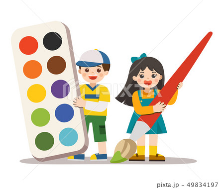 Boy And Girl Holding Color Tray And Paintbrush のイラスト素材