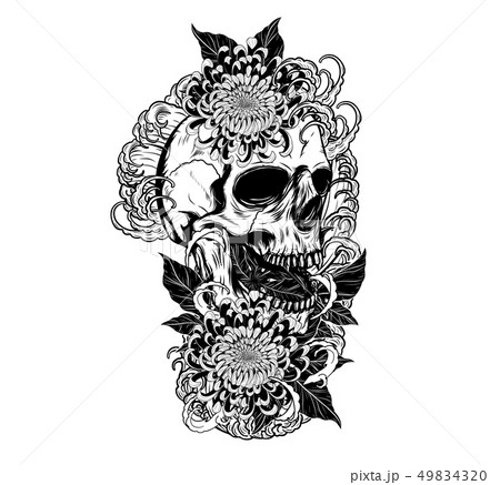 Skull With Roses Tattoo By Hand Drawing のイラスト素材 4943
