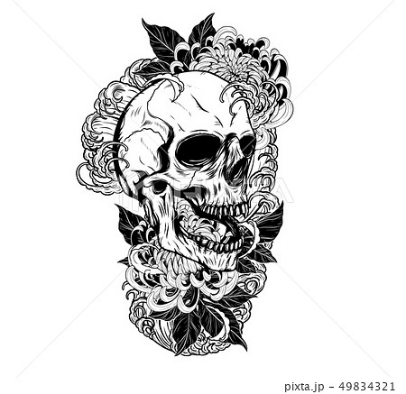 Skull With Roses Tattoo By Hand Drawing のイラスト素材