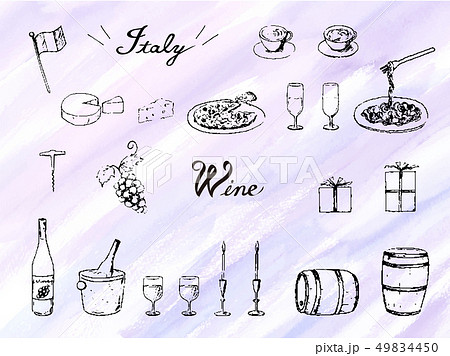 手描きペン画イラストセット ワイン イタリアンのイラスト素材
