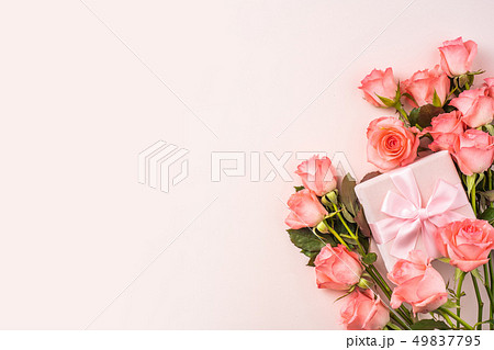 top view rose on pink for mothers , valentines day 49837795