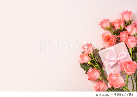 top view rose on pink for mothers , valentines day 49837798