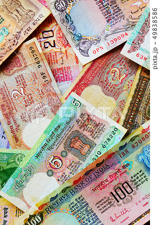 Old India currency notes top view. 49838586