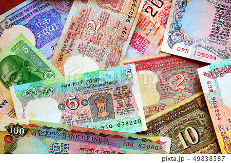 Old India currency notes top view. Old India currency notes top view. 49838587