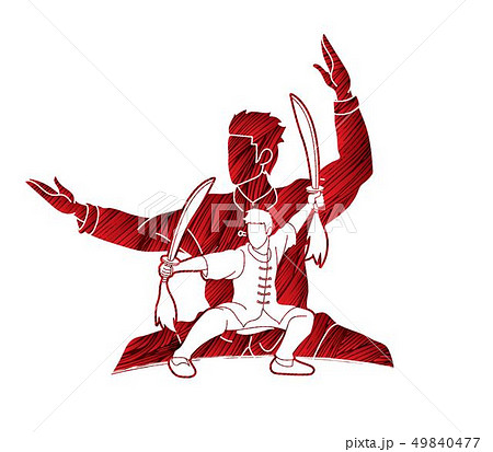 Kung Fu, Wushu with swords pose graphic vector. Kung Fu, Wushu with swords pose graphic vector. 49840477