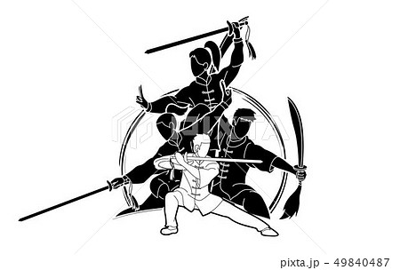 Kung Fu Wushu With Swords Pose Graphic Vector のイラスト素材