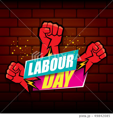 Happy labour day vector label with strong orange fist on red brick wall background. vector happy Happy labour day vector label with strong orange fist on red brick wall background. vector happy 49842085