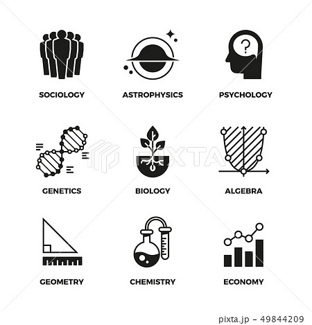 Science vector icons set. Genetics and economy, algebra and chemistry. Geometry and biology Science vector icons set. Genetics and economy, algebra and chemistry. Geometry and biology 49844209