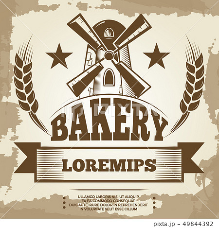Vintage bakery poster design - bakery label with mill and wheat 49844392