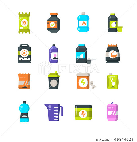 Sports nutrition supplements and protein flat icons. Energy drink and power bar vector symbols 49844623