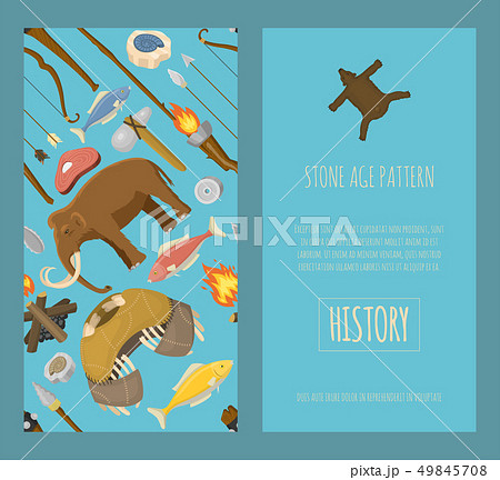Stone age primitive prehistoric life set of banners vector illustration. Ancient tools and animals Stone age primitive prehistoric life set of banners vector illustration. Ancient tools and animals 49845708