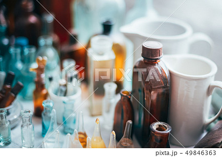 Many Old Medical Glass Capacity. Detail Of Retro Chemical Pharmaceutical Science Researches. Many 49846363