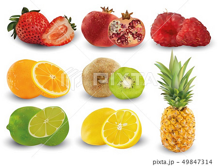 Set of strawberry, pomegranate, raspberry, orange, kiwi, lime, lemon and pineapple. Set, group of Set of strawberry, pomegranate, raspberry, orange, kiwi, lime, lemon and pineapple. Set, group of 49847314