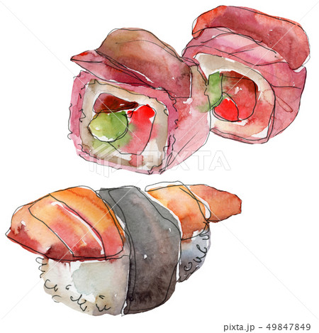 Watercolor sushi set of beautiful tasty japanese food illustration. Hand drawn objects isolated on Watercolor sushi set of beautiful tasty japanese food illustration. Hand drawn objects isolated on 49847849