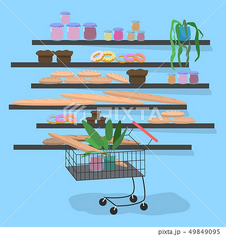 Trolley in the supermarket near the shelves with bread vector illustration Trolley in the supermarket near the shelves with bread vector illustration 49849095