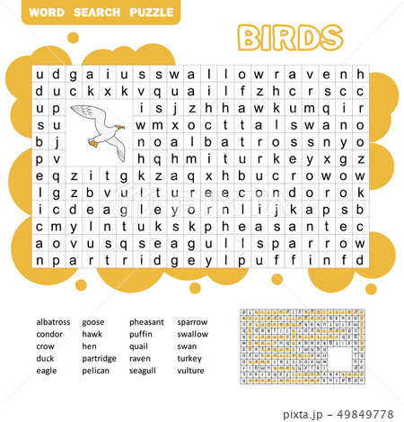 Words search puzzle game of birds animals for kids activity worksheet 49849778