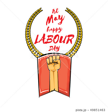 Happy labour day vector label with strong orange fist isolated on white background. vector happy 49851463