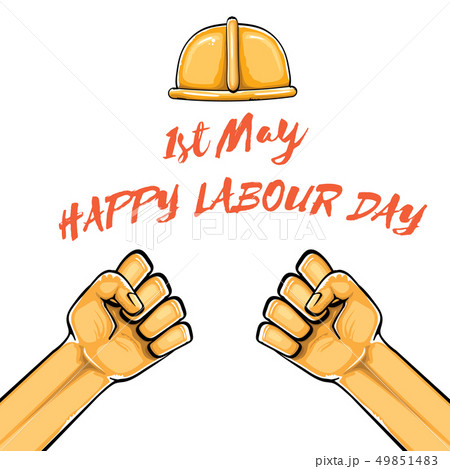 Happy labour day vector label with strong orange fist isolated on white background. vector happy 49851483