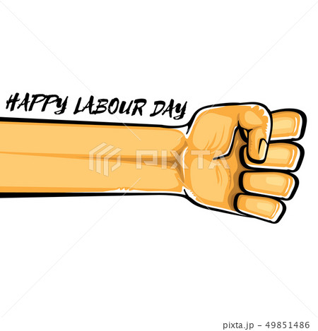 Happy labour day vector label with strong orange fist isolated on white background. vector happy 49851486