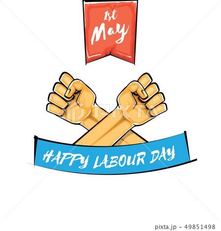 Happy labour day vector label with strong orange fist isolated on white background. vector happy 49851498