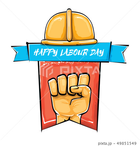 Happy labour day vector label with strong orange fist isolated on white background. vector happy 49851549