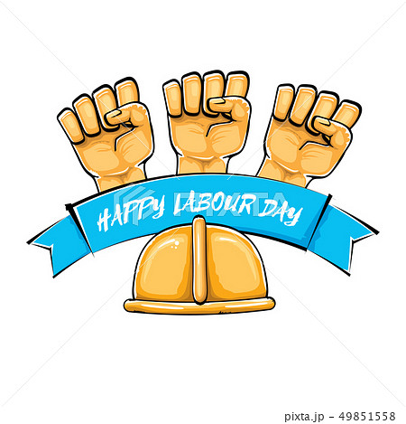 Happy labour day vector label with strong orange fist isolated on white background. vector happy 49851558