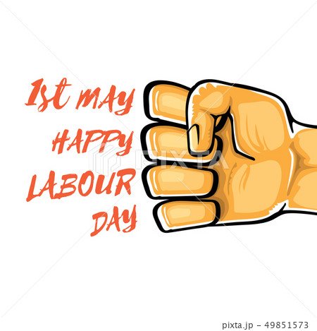 Happy labour day vector label with strong orange fist isolated on white background. vector happy 49851573