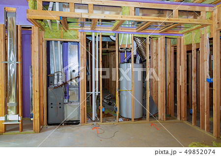 Framework of the house wall, of boards and timber, Framework of the house wall, of boards and timber, 49852074