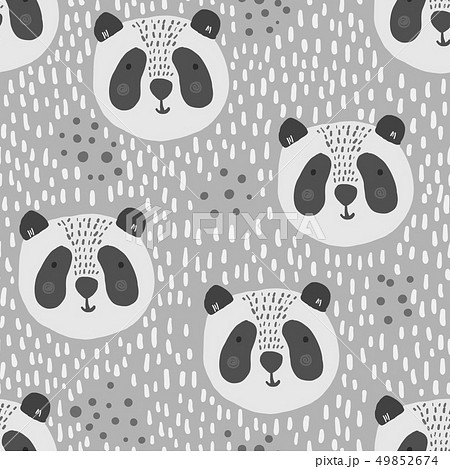 Cute gray cartoon pattern with big panda heads Cute gray cartoon pattern with big panda heads 49852674