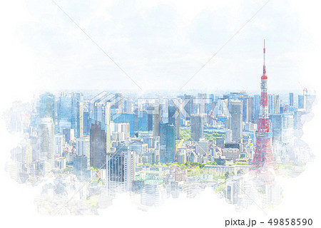 東京の都市風景 水彩画風のイラスト素材