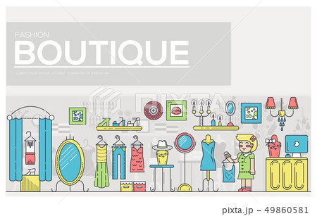 Flat seller standing in boutique with different stylish fashionable clothes. Fashionable clothes in Flat seller standing in boutique with different stylish fashionable clothes. Fashionable clothes in 49860581